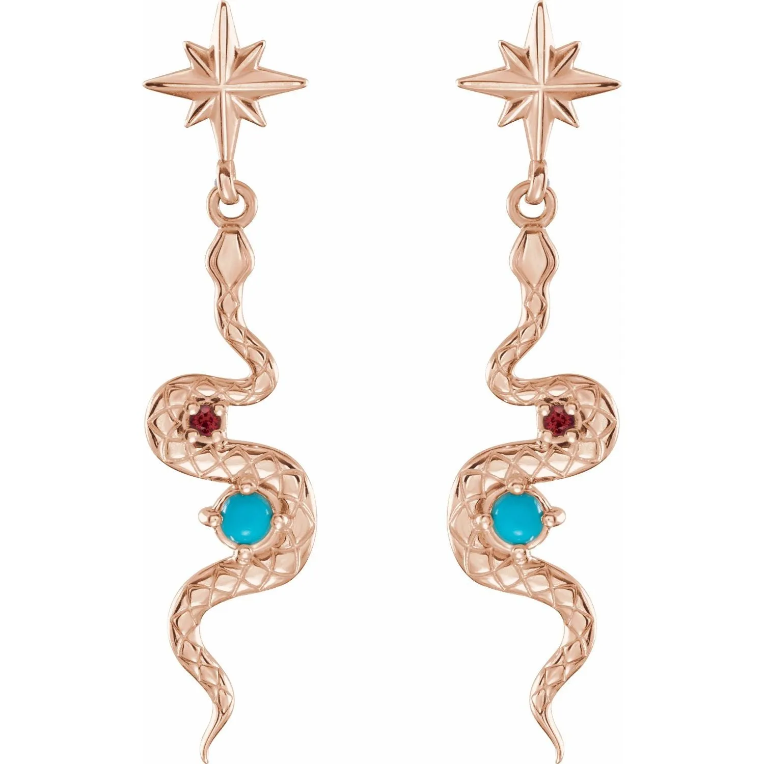14K Gold Natural Turquoise & Natural Ruby Snake Earrings