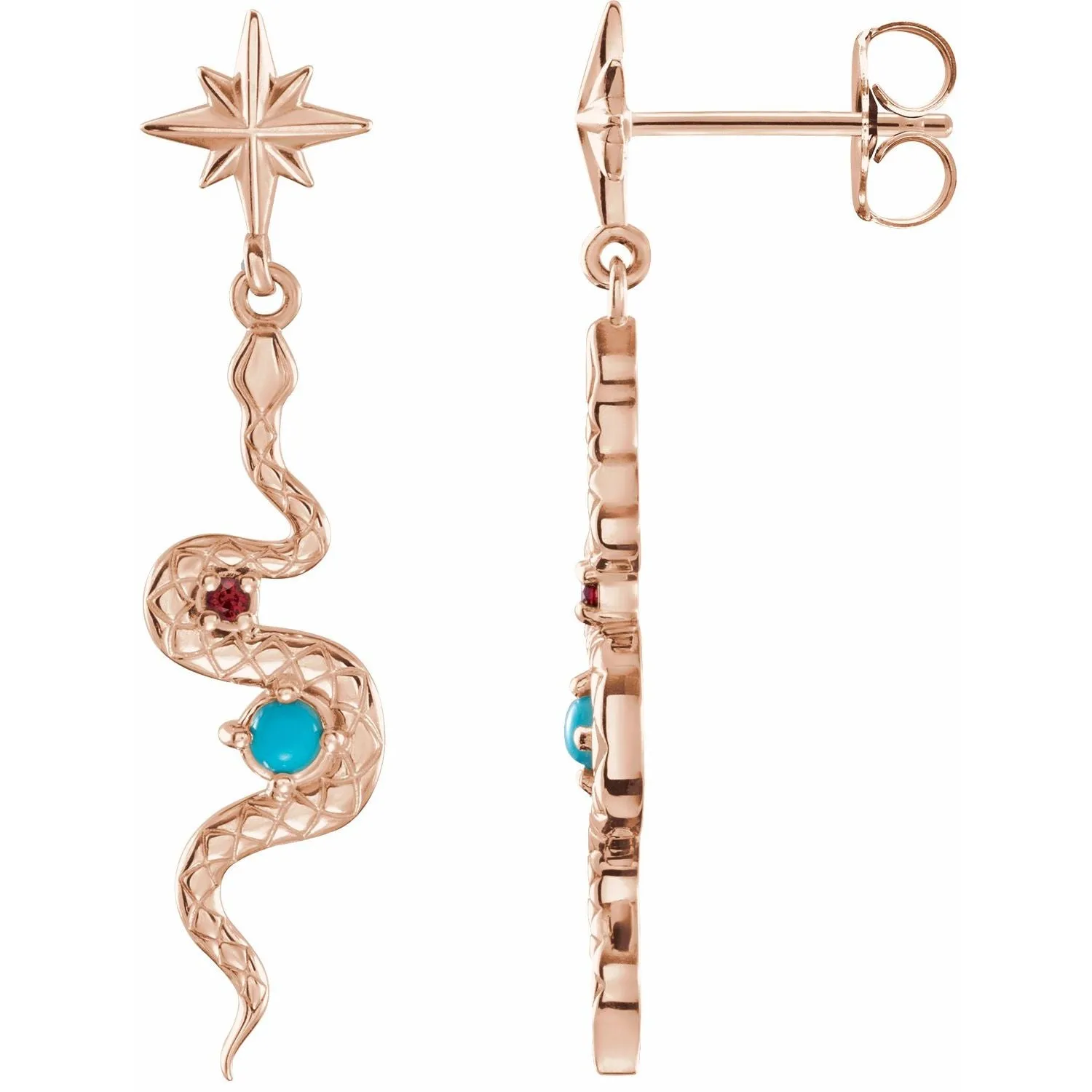 14K Gold Natural Turquoise & Natural Ruby Snake Earrings