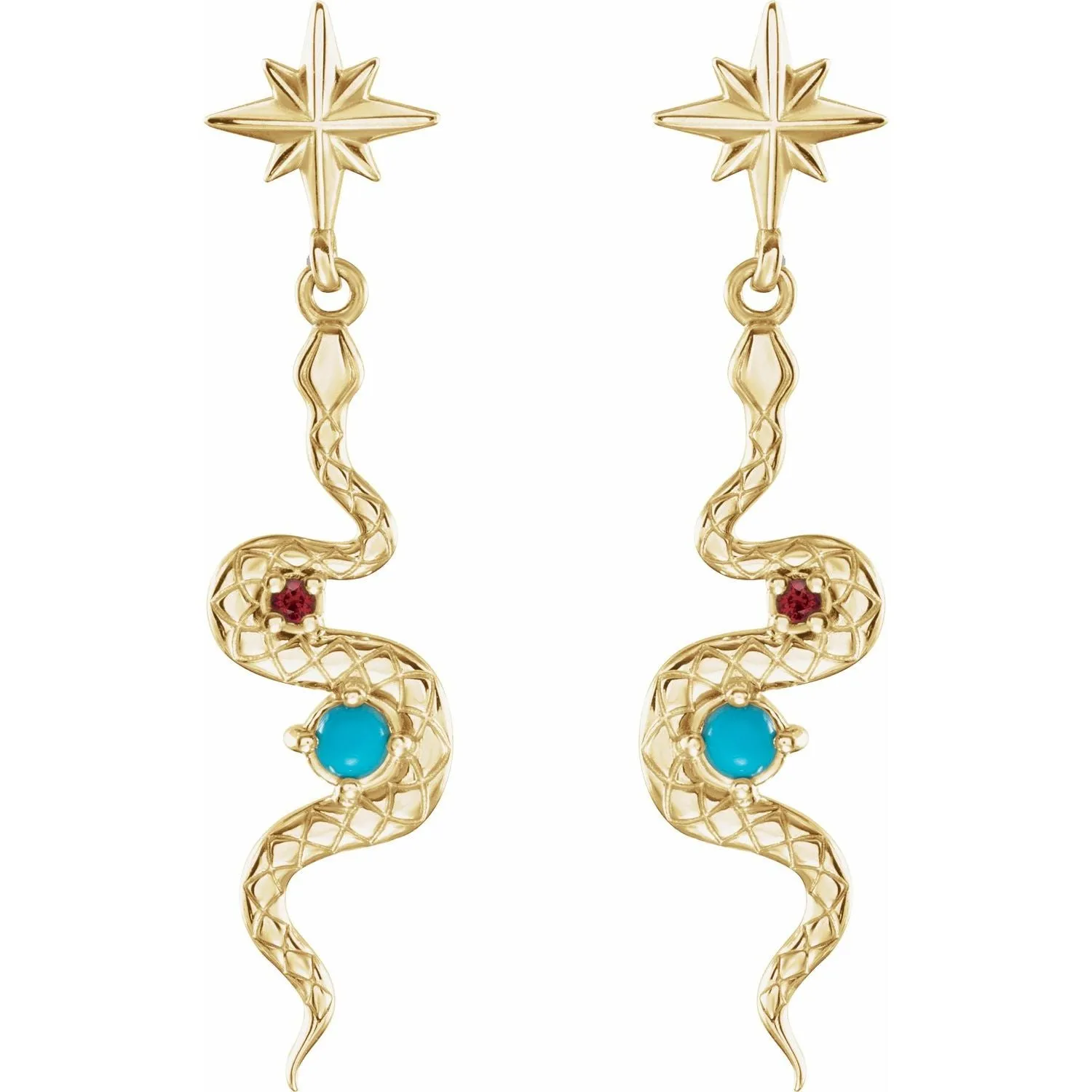14K Gold Natural Turquoise & Natural Ruby Snake Earrings