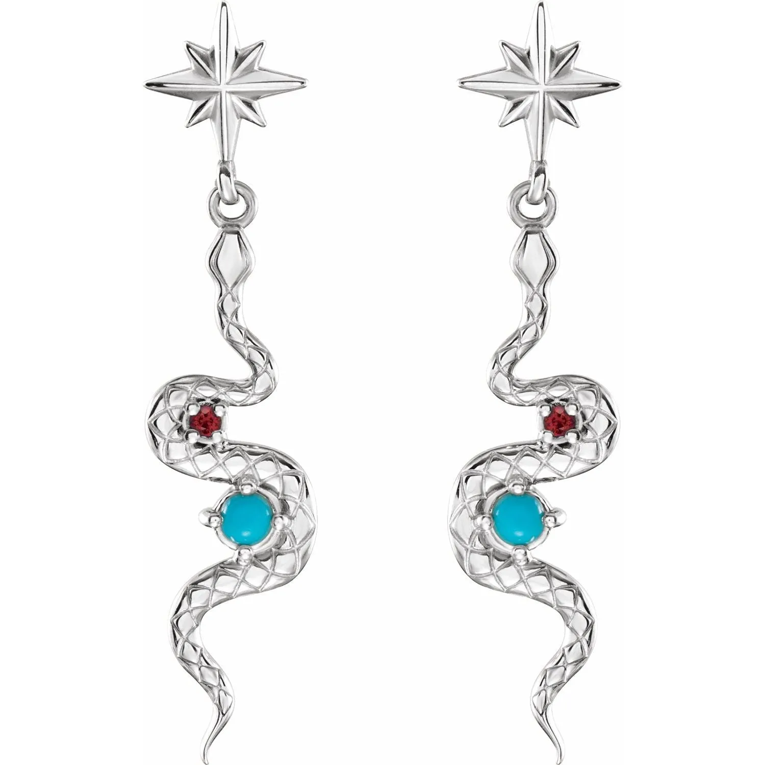 14K Gold Natural Turquoise & Natural Ruby Snake Earrings