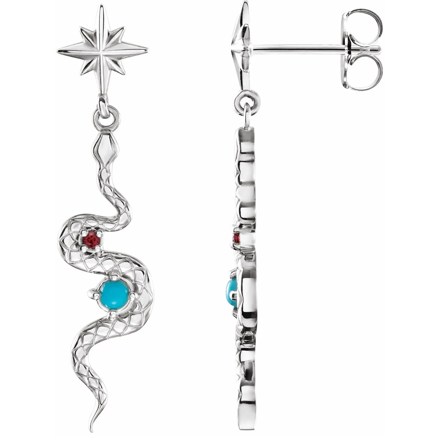 14K Gold Natural Turquoise & Natural Ruby Snake Earrings