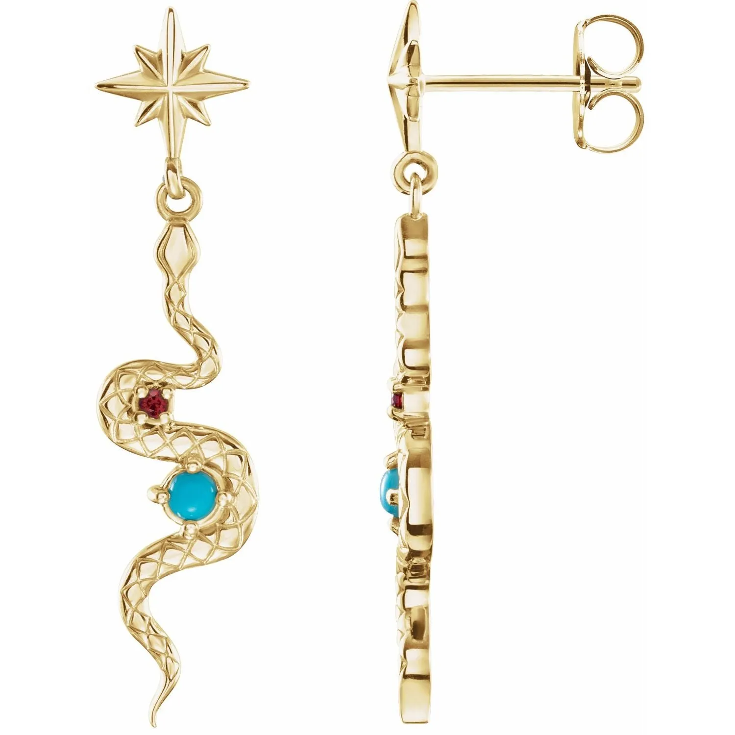 14K Gold Natural Turquoise & Natural Ruby Snake Earrings