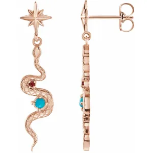 14K Gold Natural Turquoise & Natural Ruby Snake Earrings