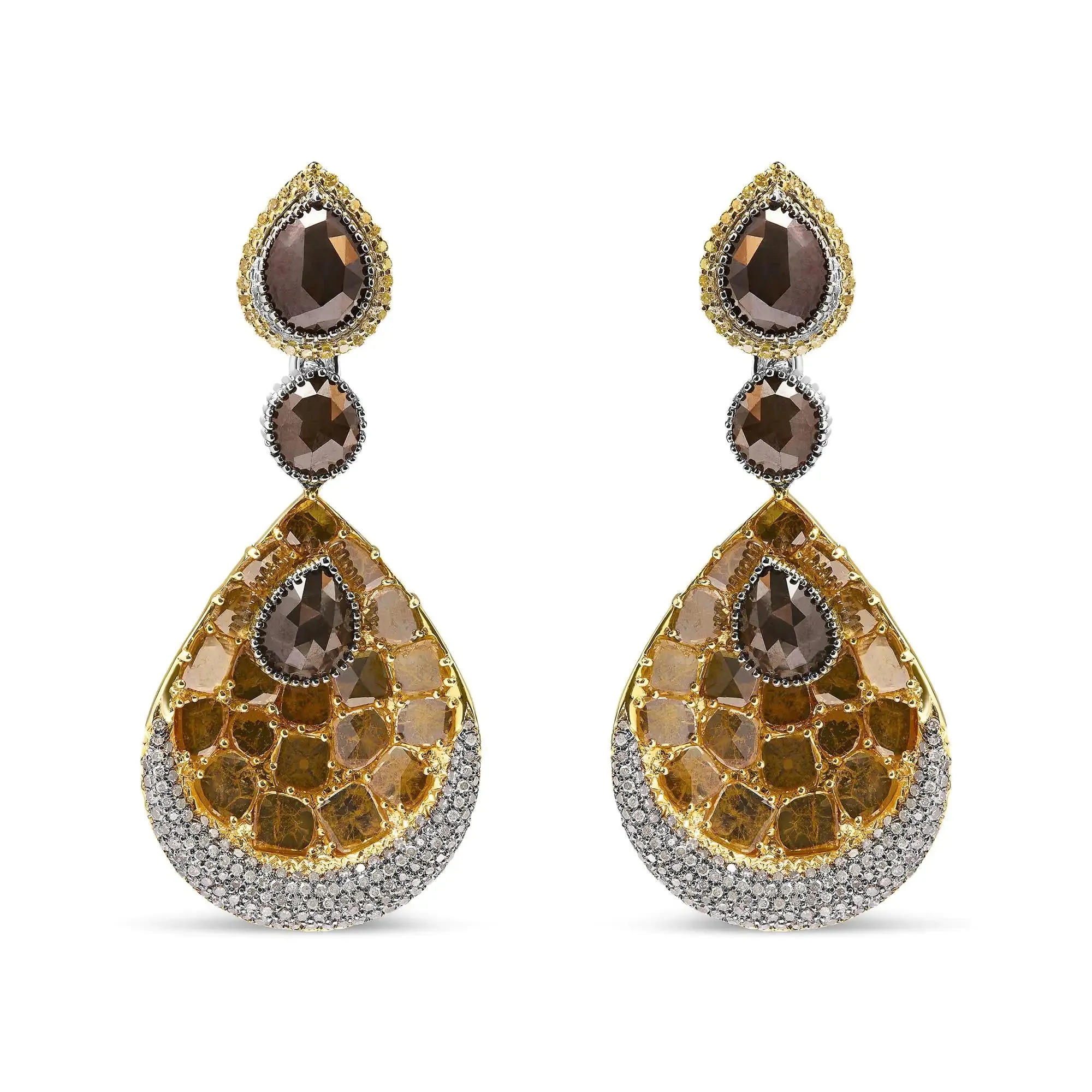 14K White and Yellow Gold 16 1/4 Cttw Fancy Color Rose Cut Diamond Disc Drop Dangle Statement Earrings (Fancy Colors, I2-I3 Clarity)