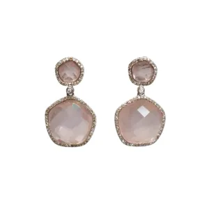 14k White Gold Rose Quartz and Diamond Dangle Earrings