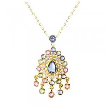 14K Yellow Gold Multi-Colored Sapphire Chandelier Necklace