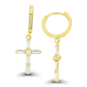 14KT Yellow Gold Baguette Cubic Zirconia Drop & Dangle Cross Earrings