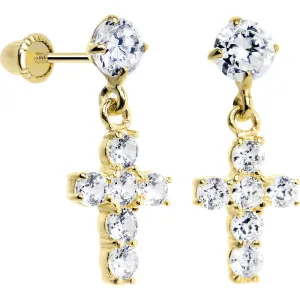 14KT Yellow Gold Clear CZ 8mm Cross Dangle Youth Earrings