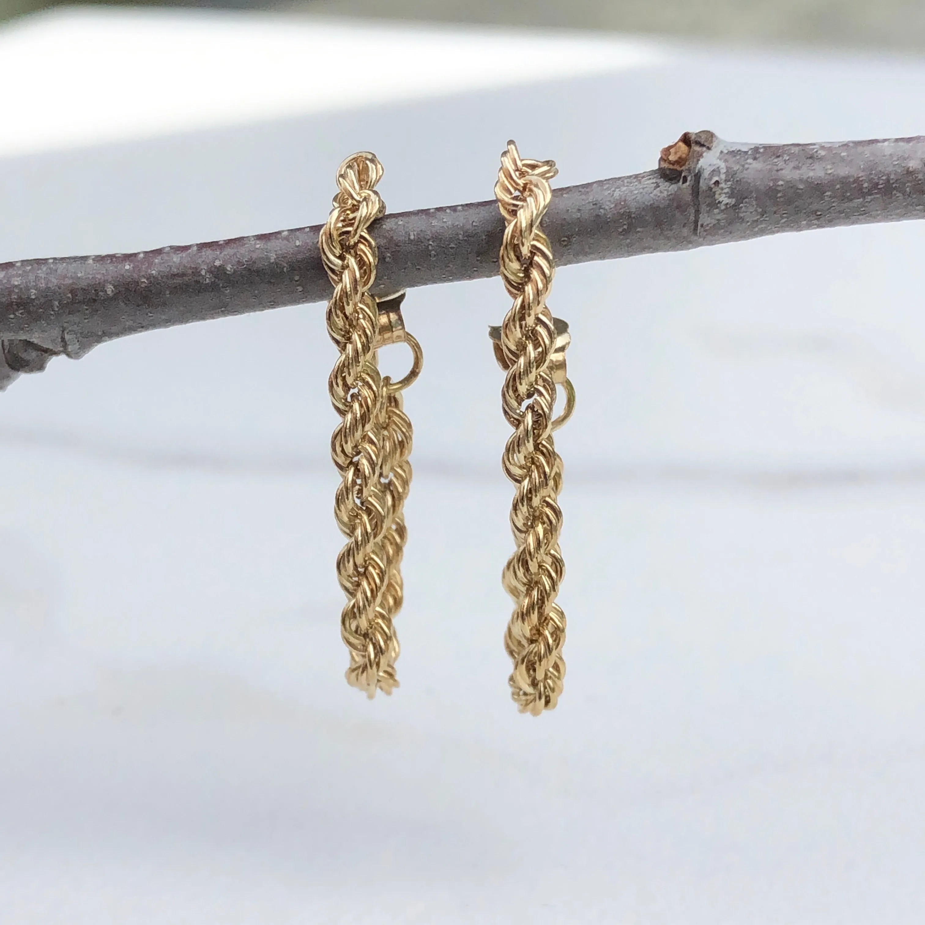 14KT Yellow Gold Hollow Rope Dangle Earrings