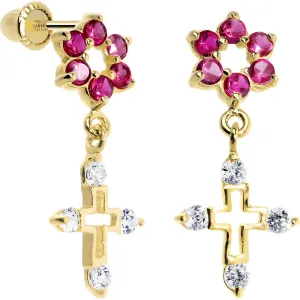 14KT Yellow Gold Pink CZ Flower Cross Dangle Youth Earrings
