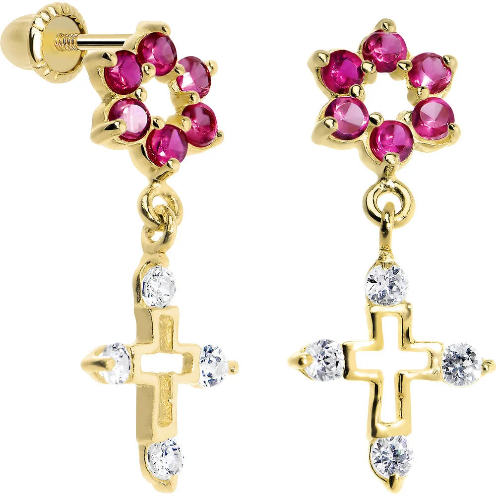 14KT Yellow Gold Pink CZ Flower Cross Dangle Youth Earrings