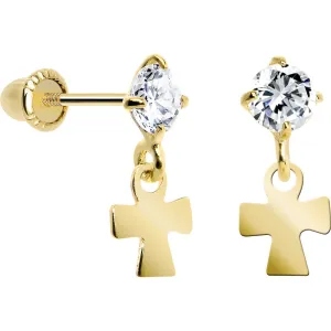 14KT Yellow Gold Round CZ Cross Dangle Youth Earrings
