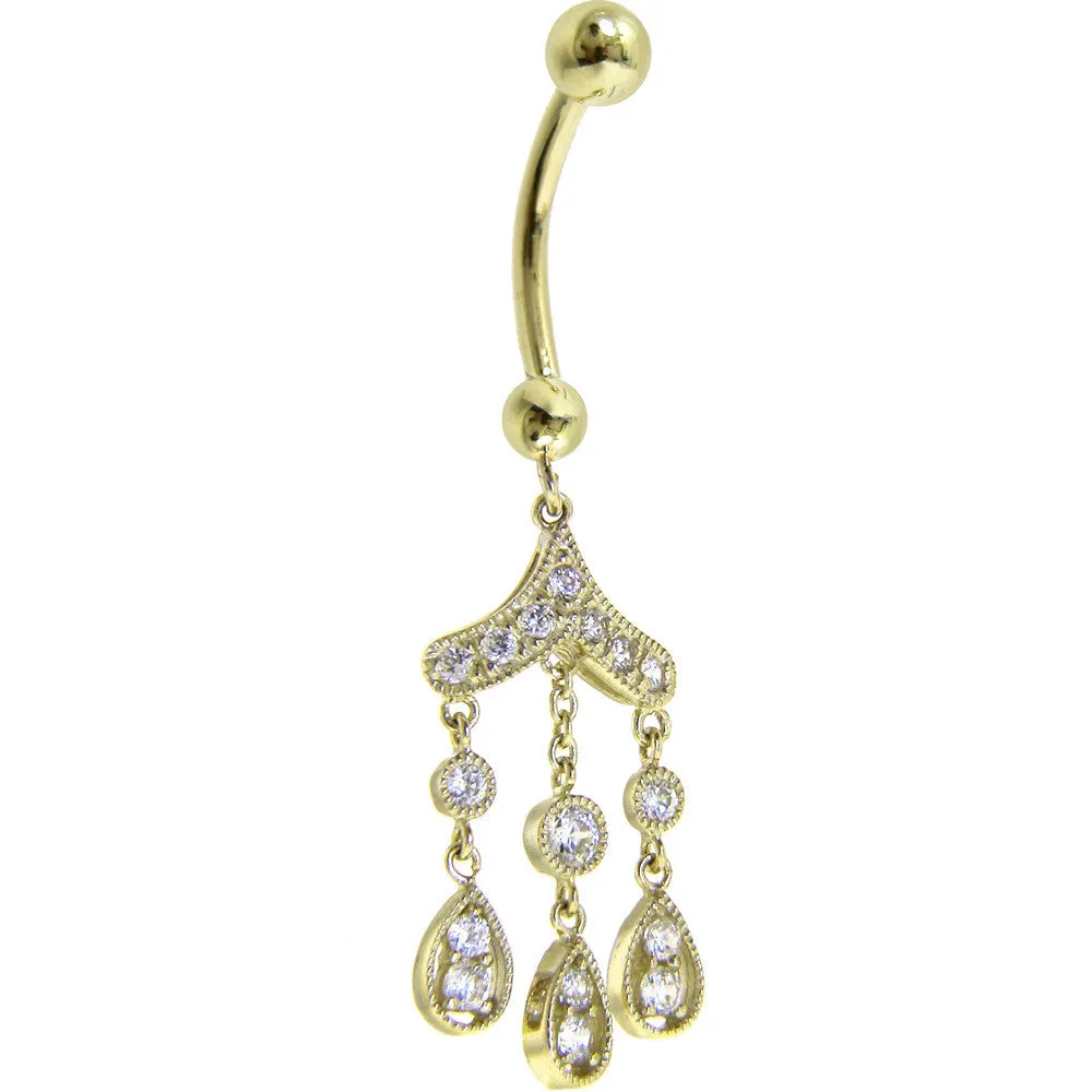 16 Gauge Solid 14KT Yellow Gold CZ Gem CHANDELIER Dangle Belly Ring