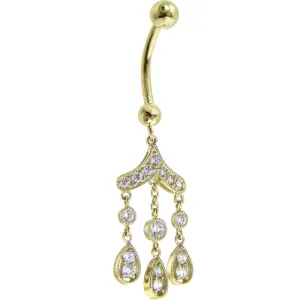 16 Gauge Solid 14KT Yellow Gold CZ Gem CHANDELIER Dangle Belly Ring