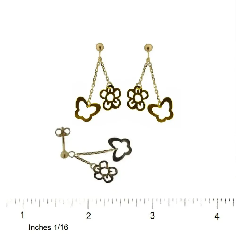 18K Yellow Gold Open Butterfly and Flower Dangle Earrings