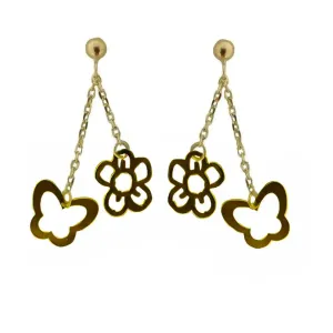 18K Yellow Gold Open Butterfly and Flower Dangle Earrings