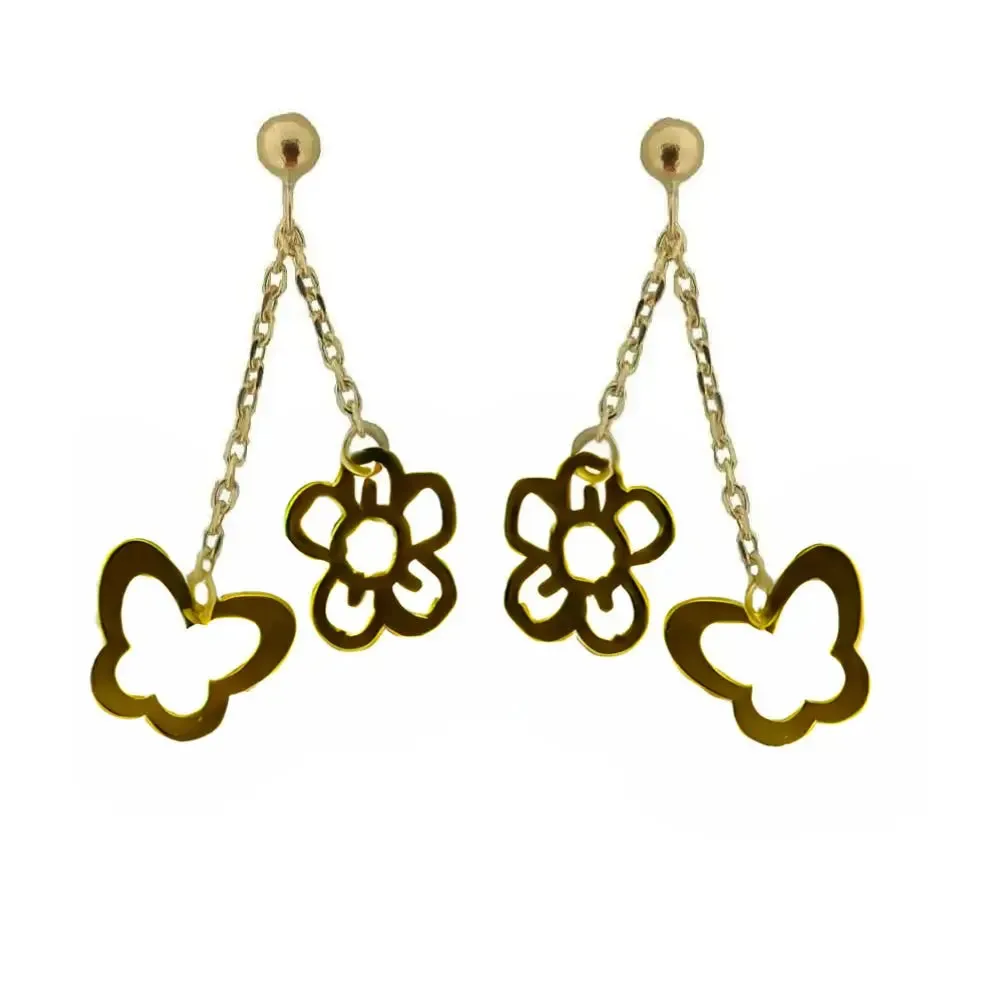 18K Yellow Gold Open Butterfly and Flower Dangle Earrings