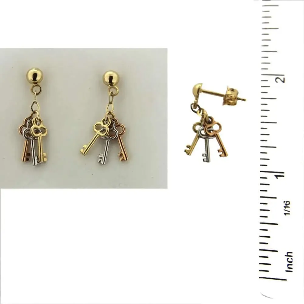 18KT TriColor Keys Dangle Earrings (23mm X 5mm)
