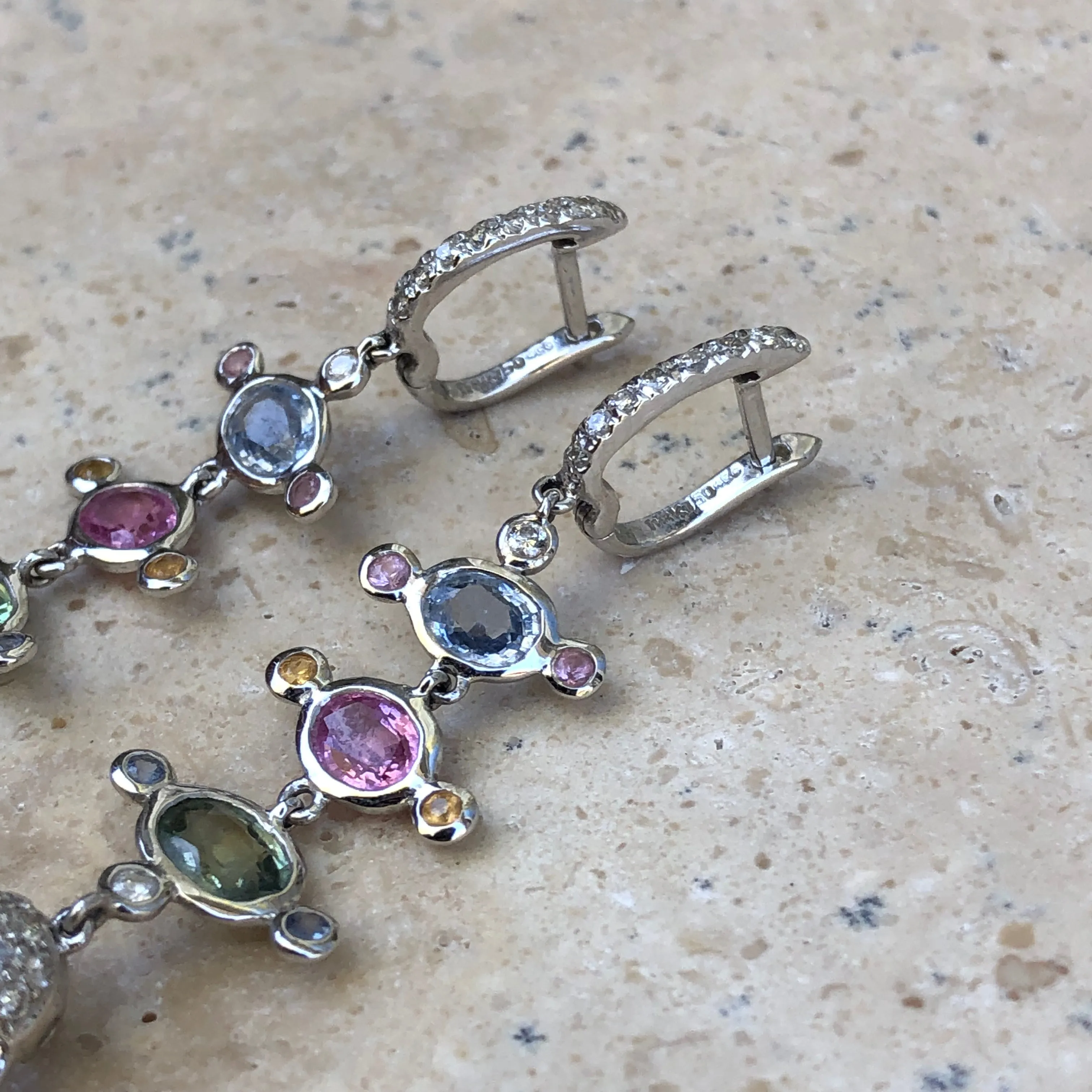 18KT White Gold Pave Diamond Pastel Colored Sapphires Chandelier Estate Earrings