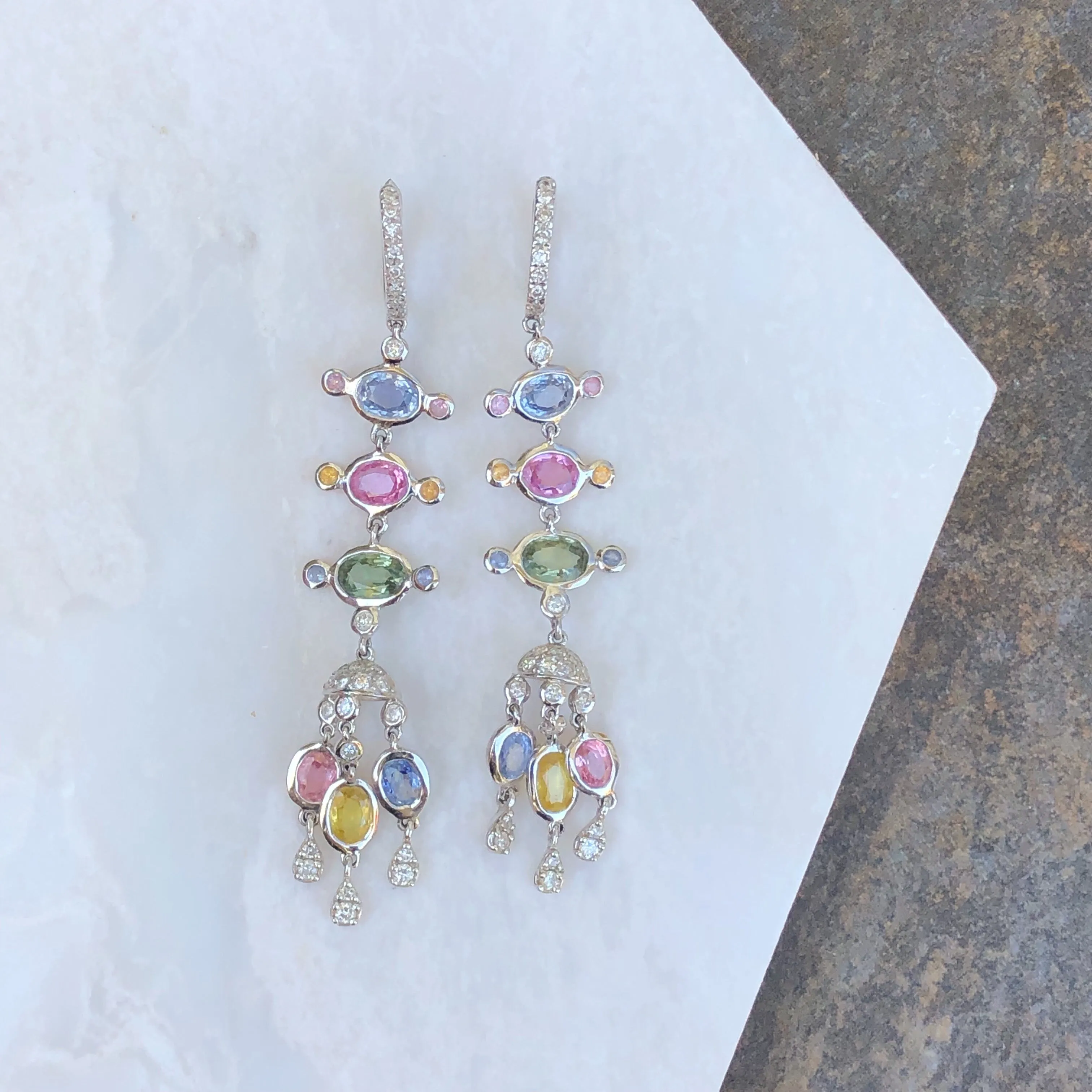 18KT White Gold Pave Diamond Pastel Colored Sapphires Chandelier Estate Earrings
