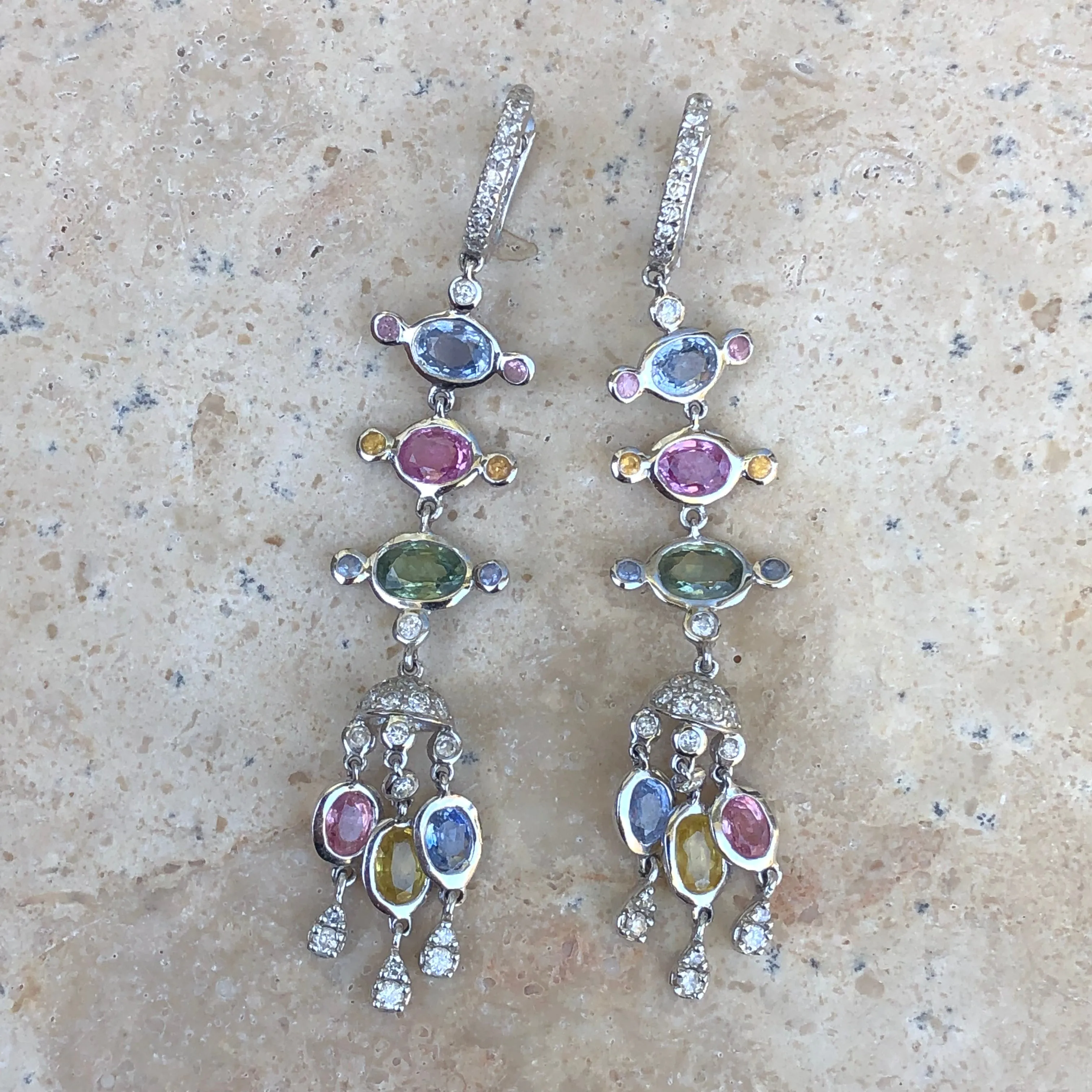 18KT White Gold Pave Diamond Pastel Colored Sapphires Chandelier Estate Earrings