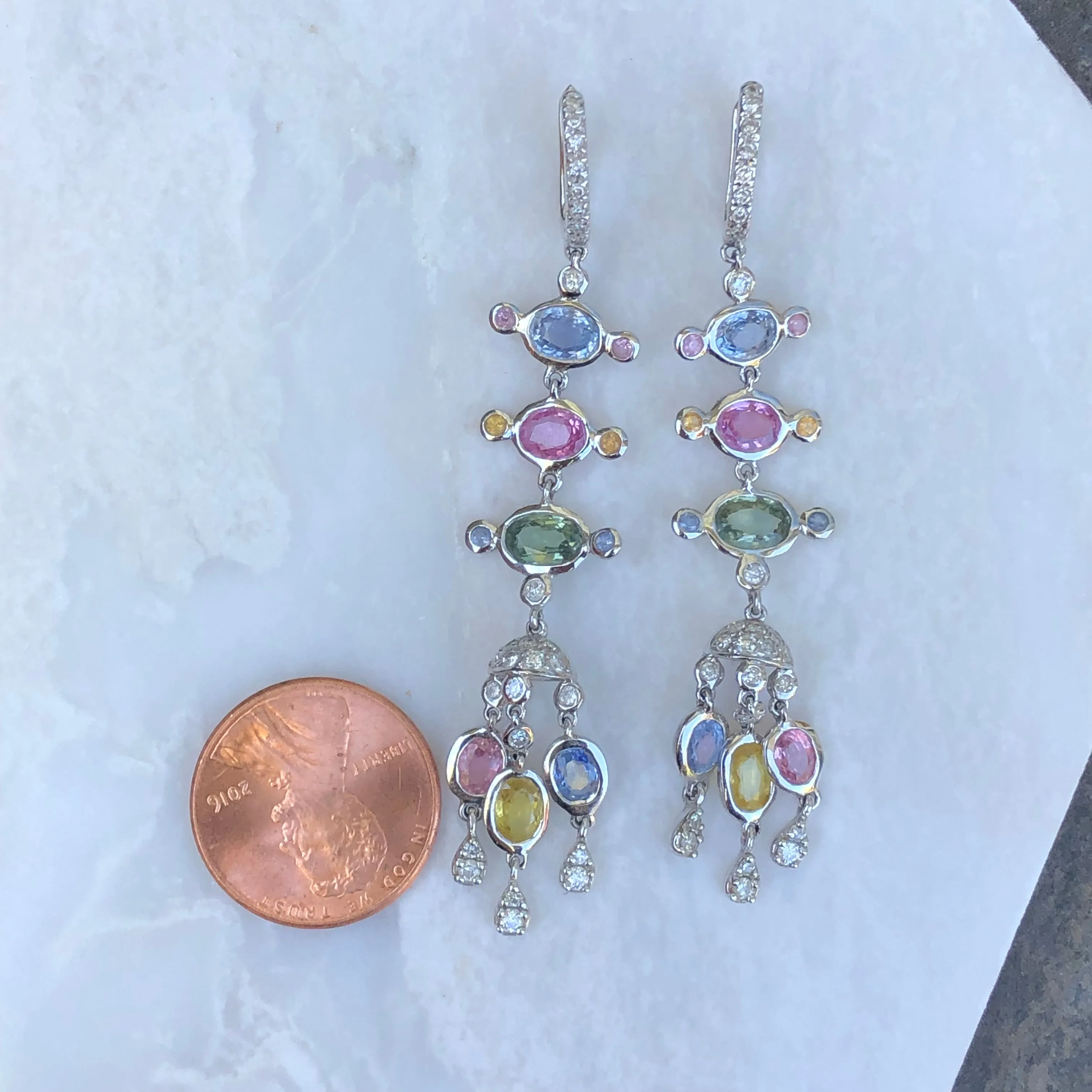 18KT White Gold Pave Diamond Pastel Colored Sapphires Chandelier Estate Earrings