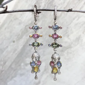 18KT White Gold Pave Diamond Pastel Colored Sapphires Chandelier Estate Earrings