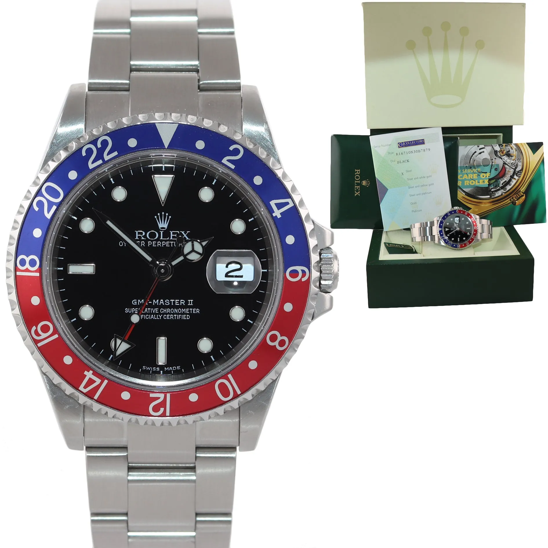 2006 PAPERS Rolex GMT-Master 2 Pepsi Blue Red Steel 16710 40mm NO HOLES Watch