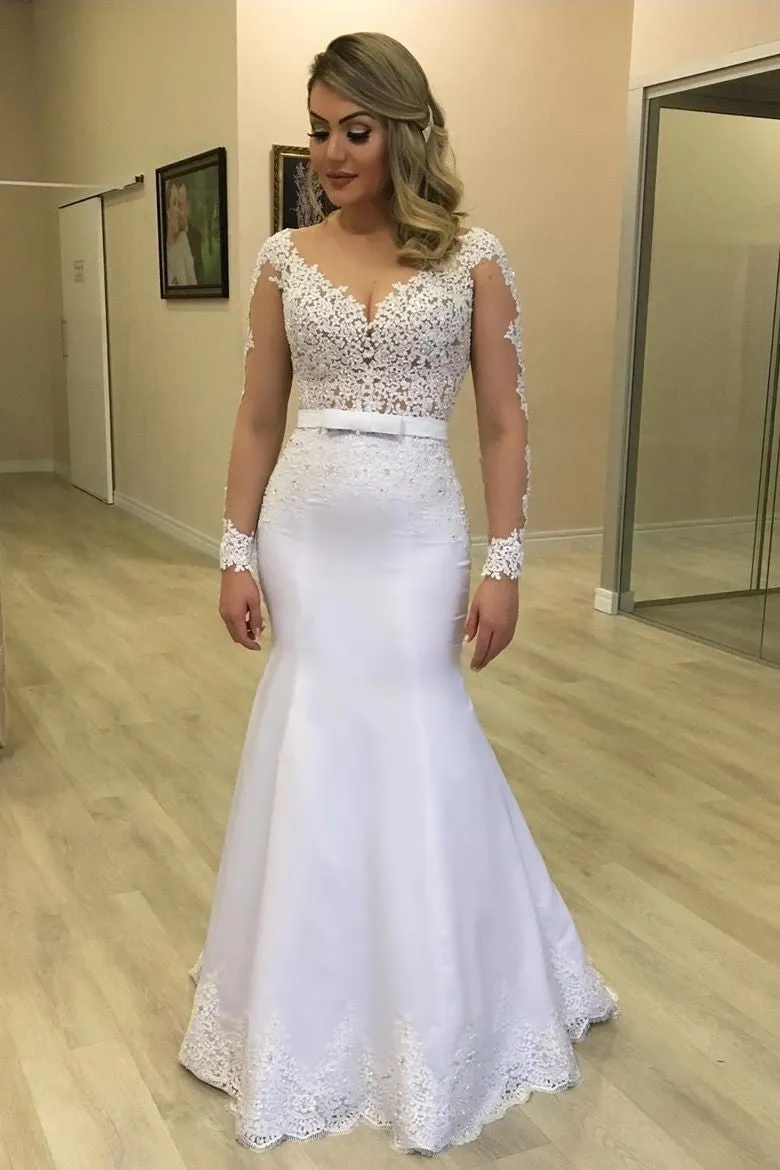 2020 Lace Full Sleeves Wedding Gowns with Fit&Flare Satin Skirt