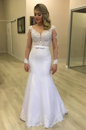 2020 Lace Full Sleeves Wedding Gowns with Fit&Flare Satin Skirt