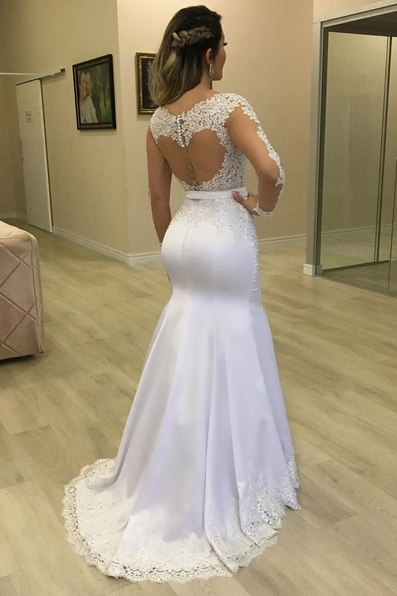 2020 Lace Full Sleeves Wedding Gowns with Fit&Flare Satin Skirt