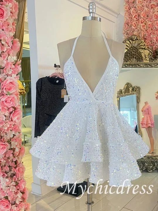 2024 Blue Sequin Homecoming Dresses Sleeveless V Neck A Line Cocktail Dresses