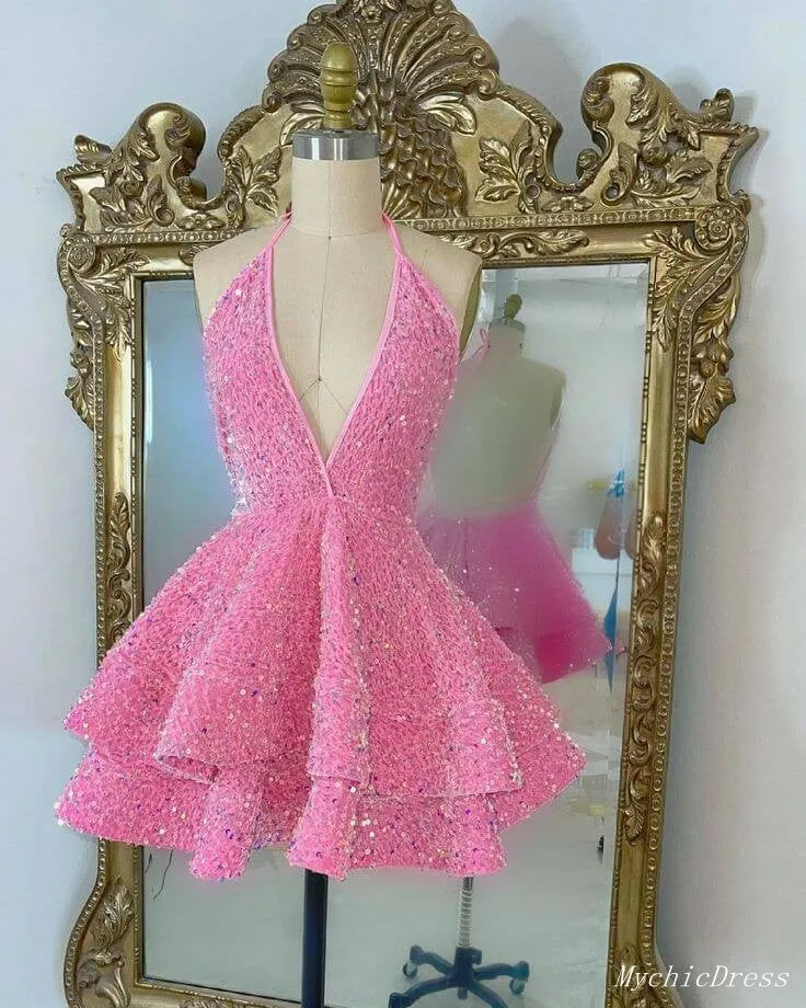 2024 Blue Sequin Homecoming Dresses Sleeveless V Neck A Line Cocktail Dresses