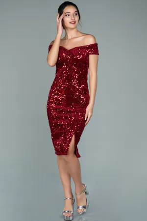 20357 Red Off-Shoulder Sequins Velvet Dress