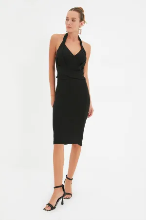 20520b Black Draped Waist Halter Bodycon Dress