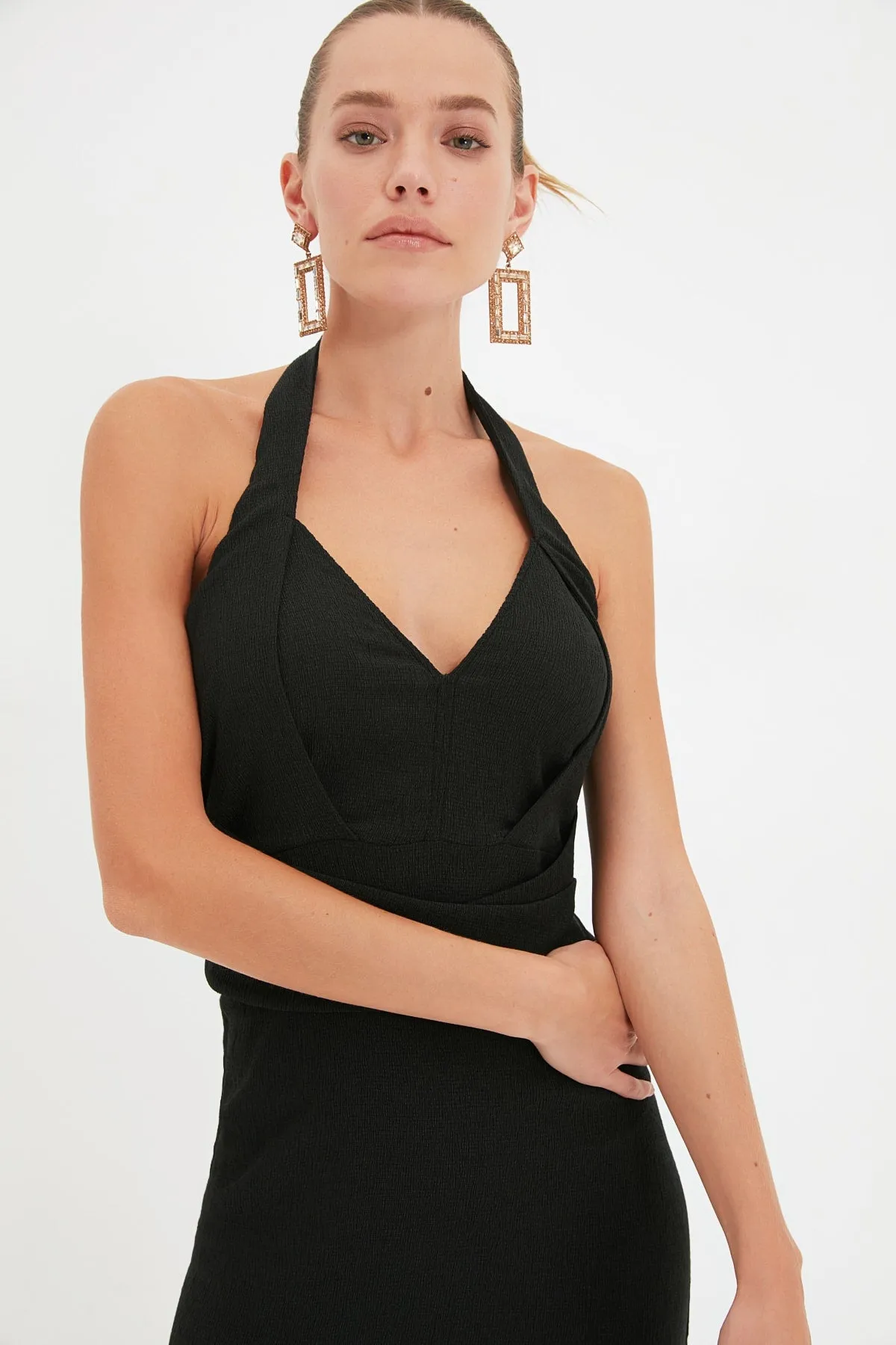 20520b Black Draped Waist Halter Bodycon Dress