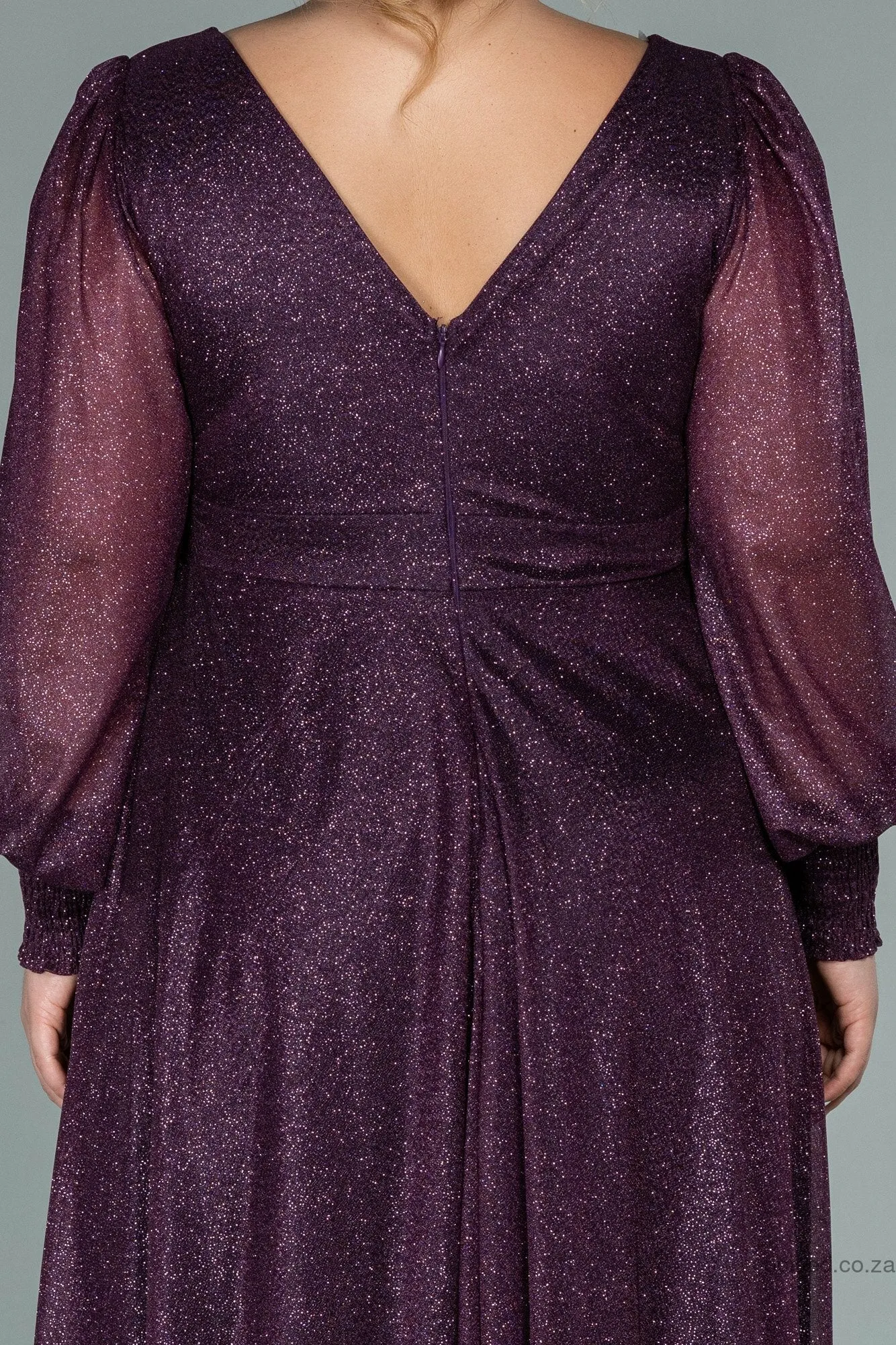 29842 Purple Sheer Sleeve Shimmer Tulle Slit Dress