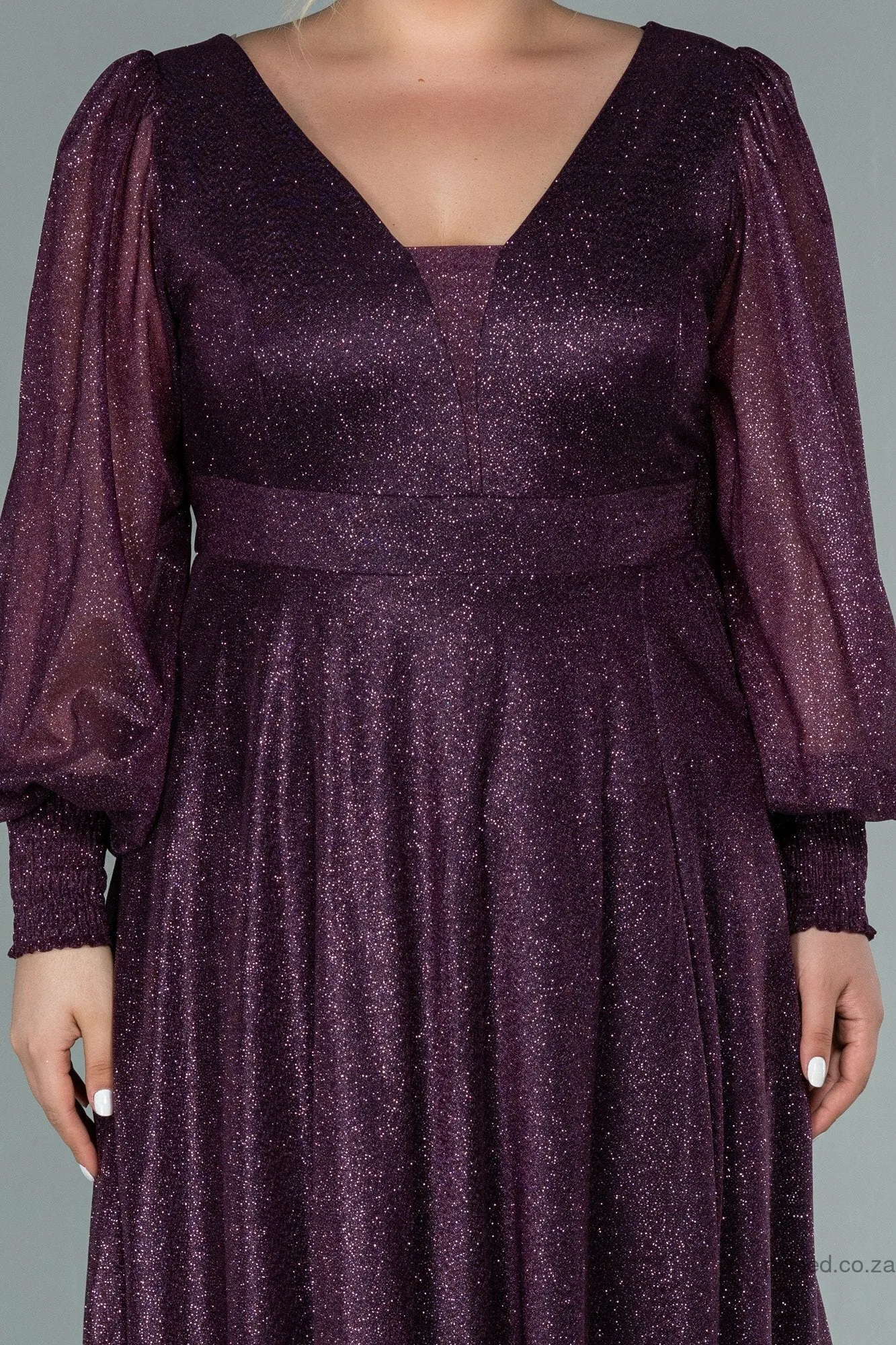29842 Purple Sheer Sleeve Shimmer Tulle Slit Dress