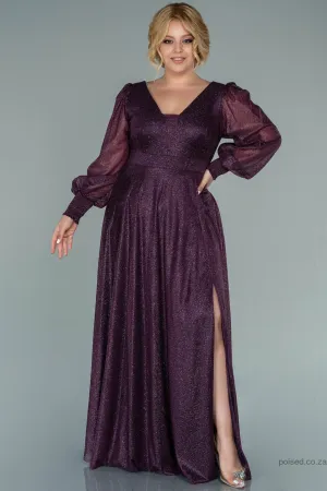 29842 Purple Sheer Sleeve Shimmer Tulle Slit Dress