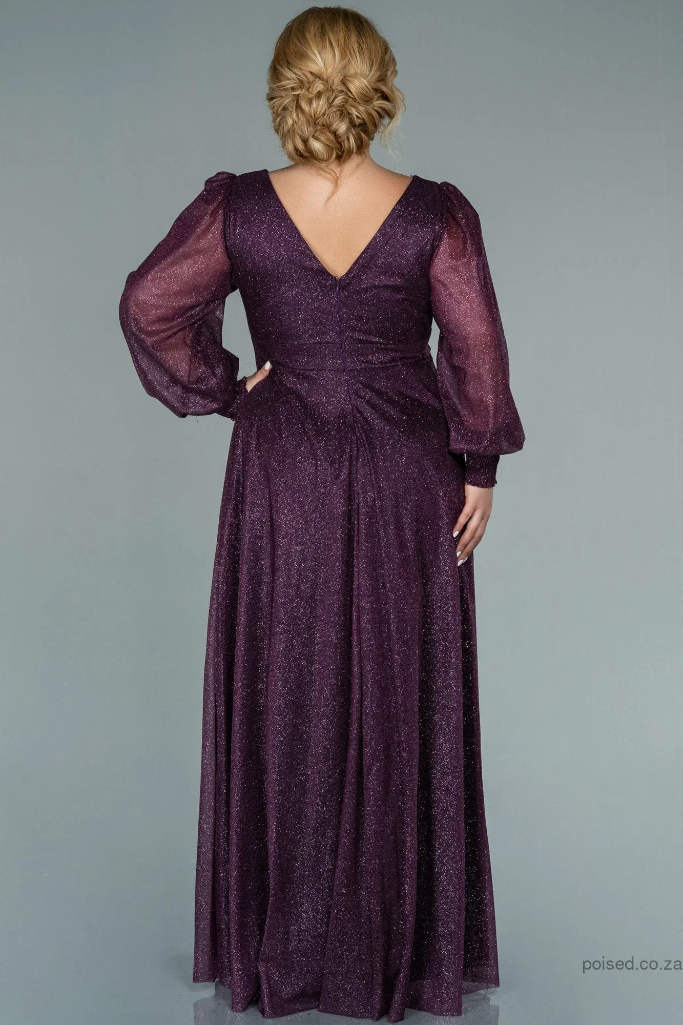 29842 Purple Sheer Sleeve Shimmer Tulle Slit Dress
