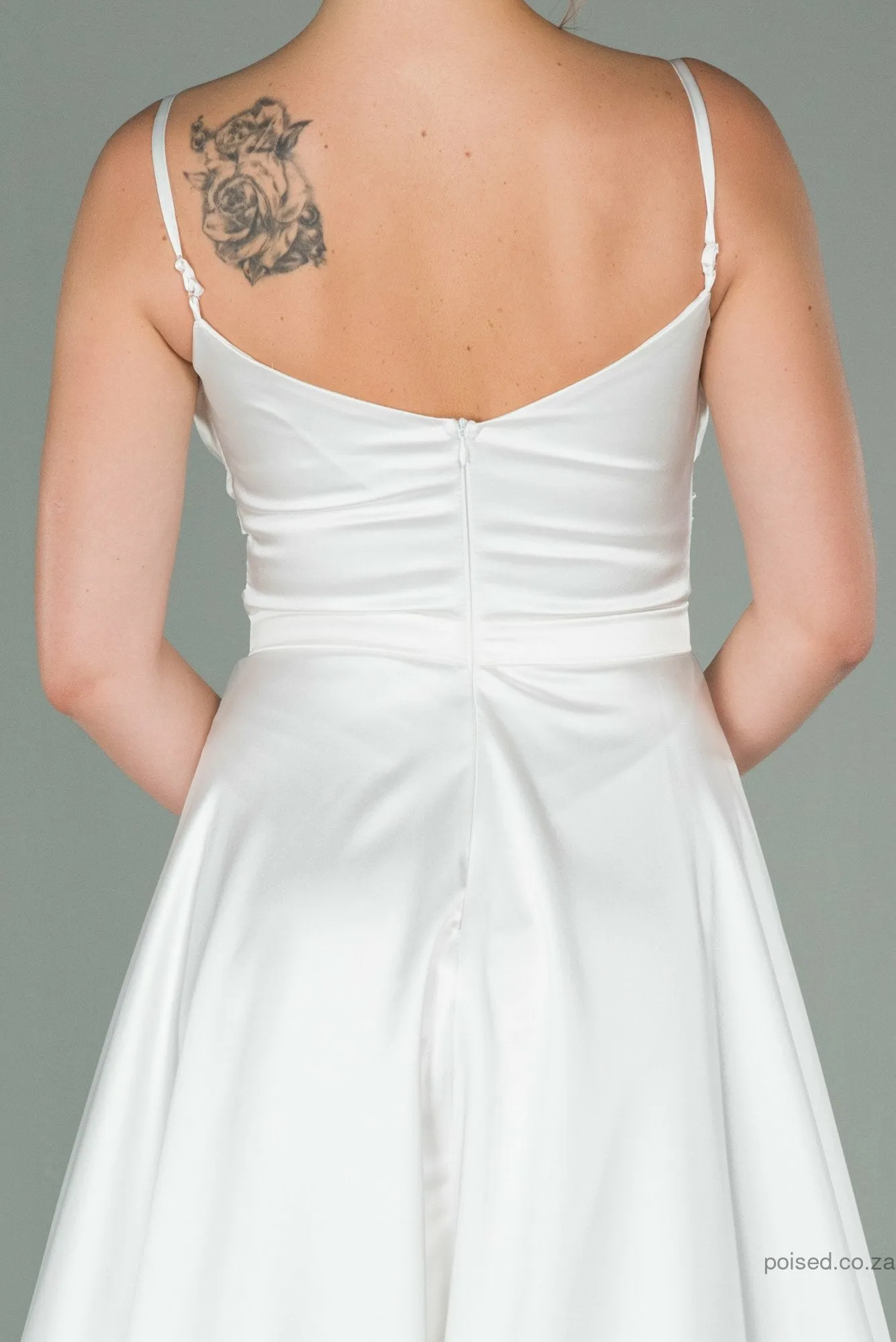 29886 Off-White Draped Strap Satin Dress