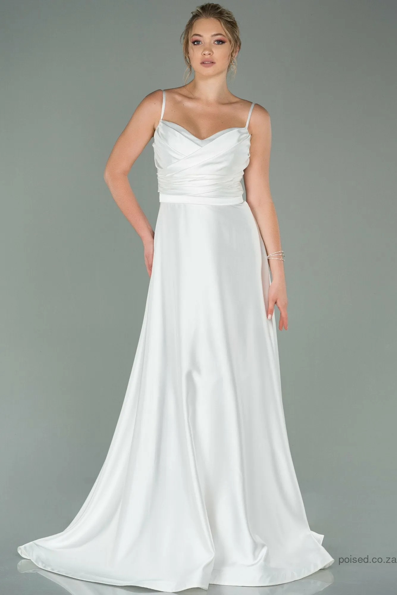 29886 Off-White Draped Strap Satin Dress
