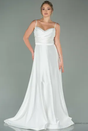 29886 Off-White Draped Strap Satin Dress