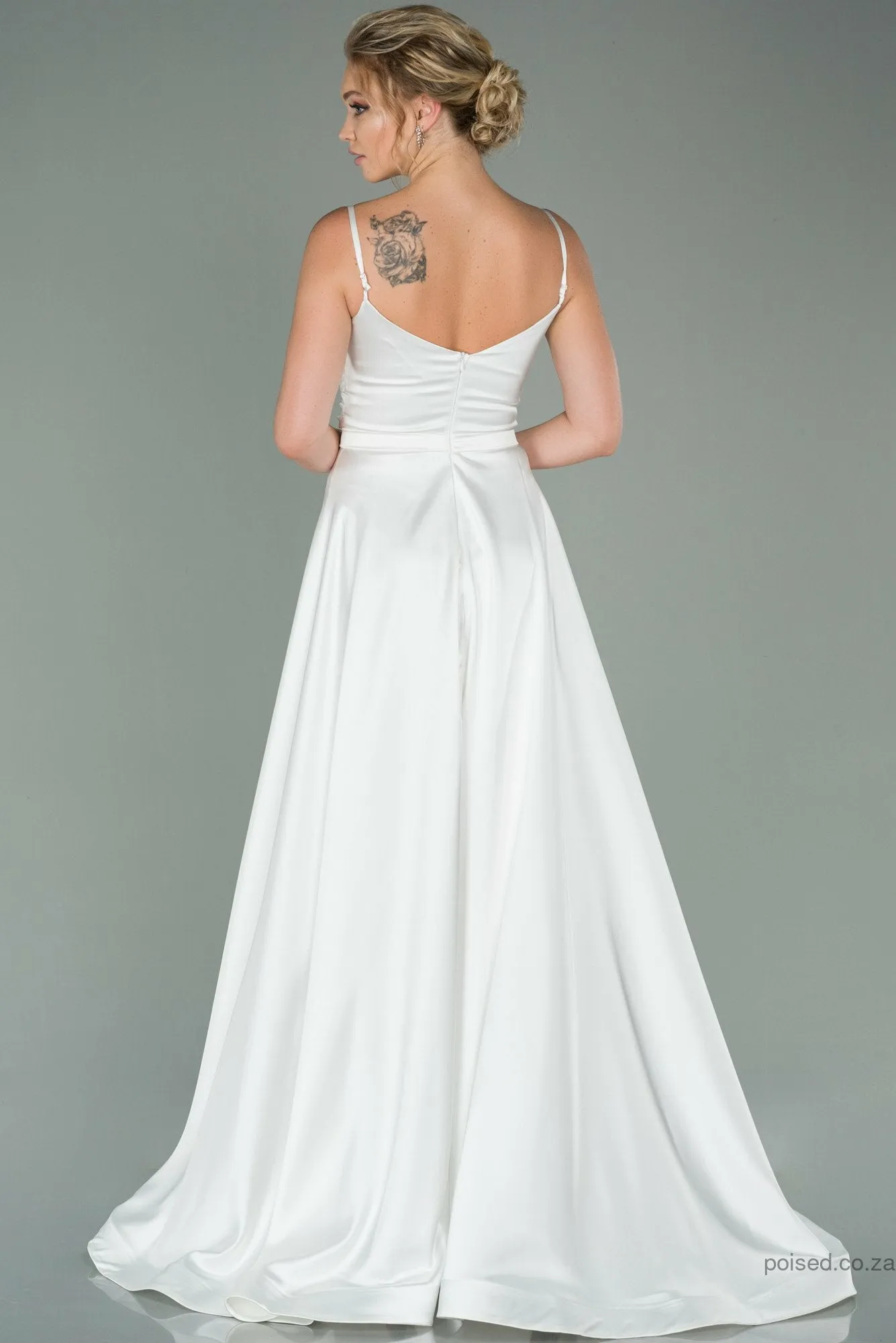 29886 Off-White Draped Strap Satin Dress