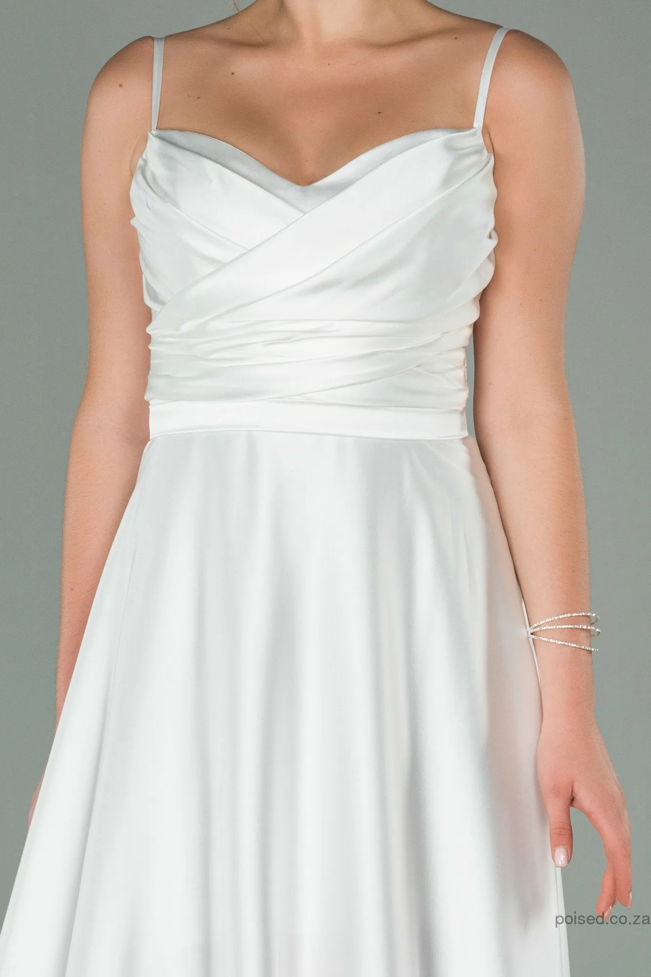 29886 Off-White Draped Strap Satin Dress