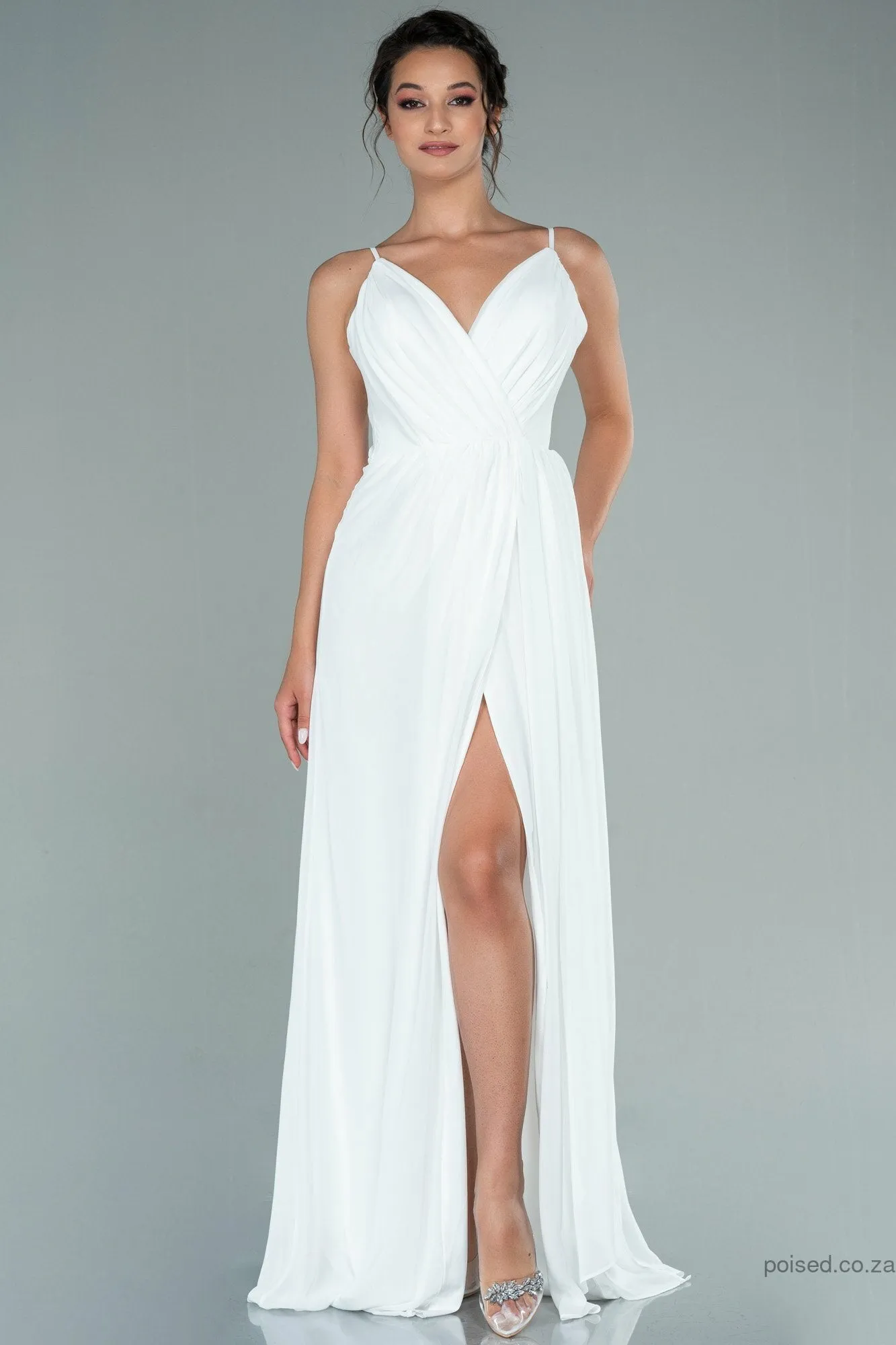 29916 Off-White Draped Skirt Slit Strap Dress