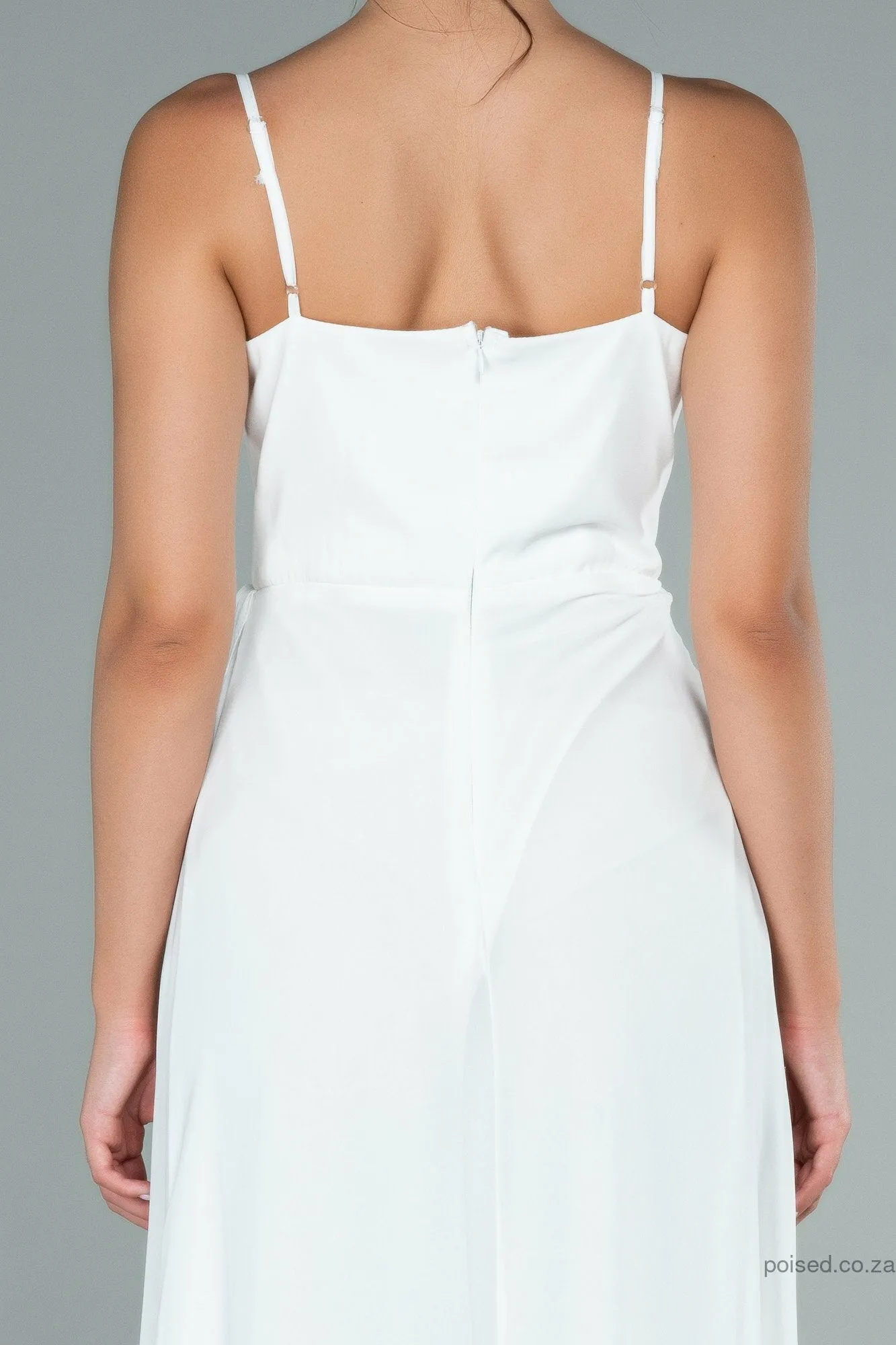 29916 Off-White Draped Skirt Slit Strap Dress