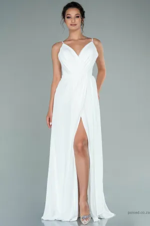 29916 Off-White Draped Skirt Slit Strap Dress