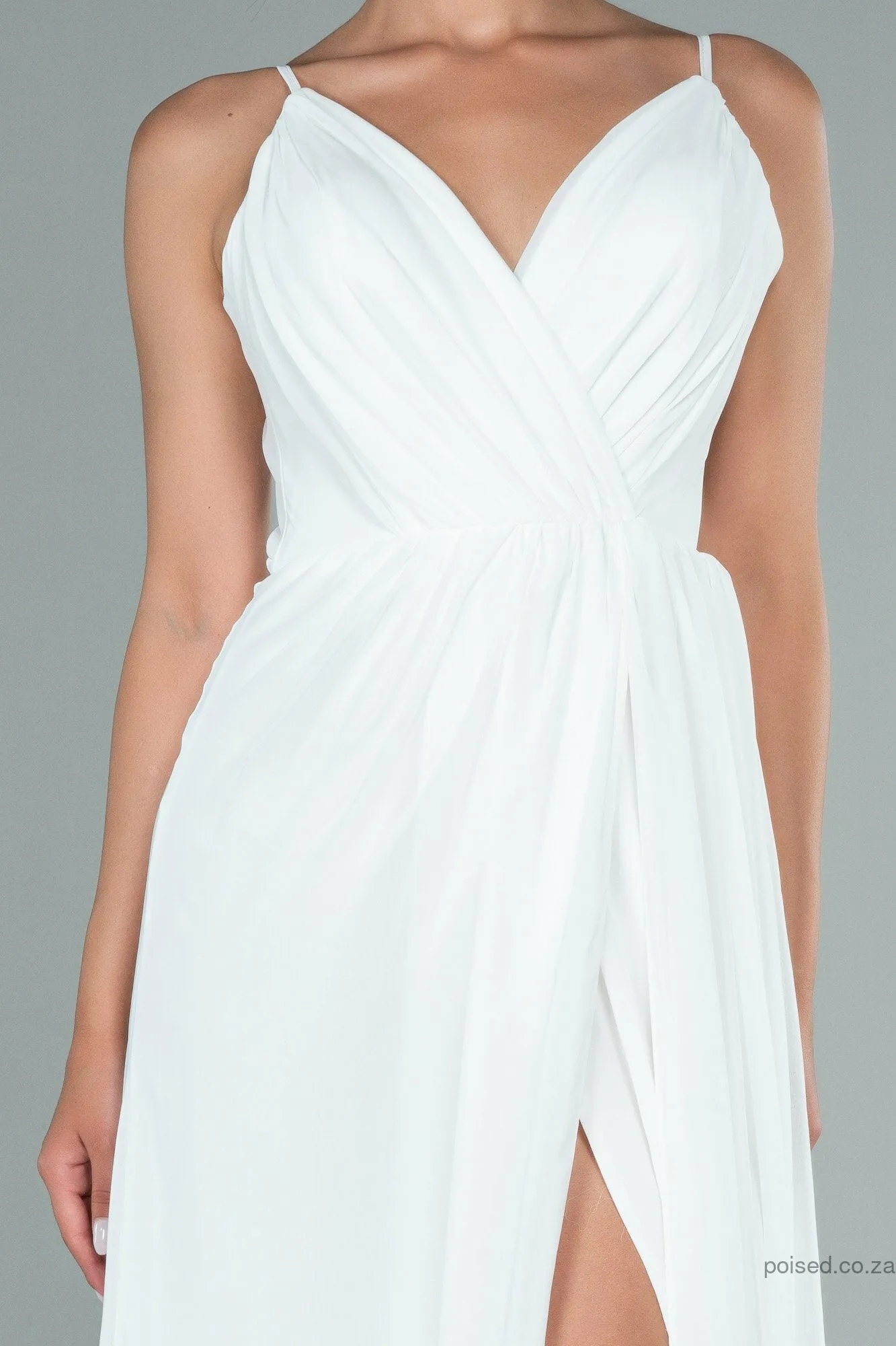29916 Off-White Draped Skirt Slit Strap Dress