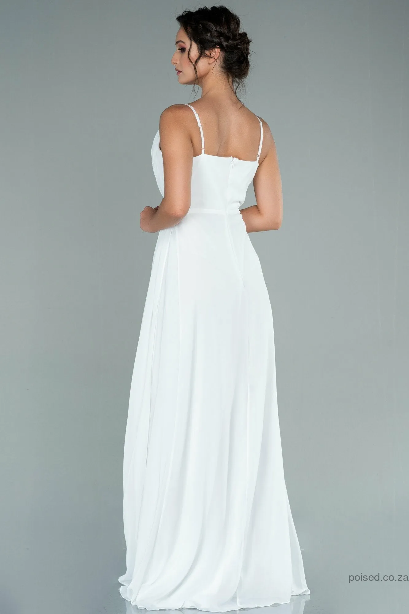 29916 Off-White Draped Skirt Slit Strap Dress